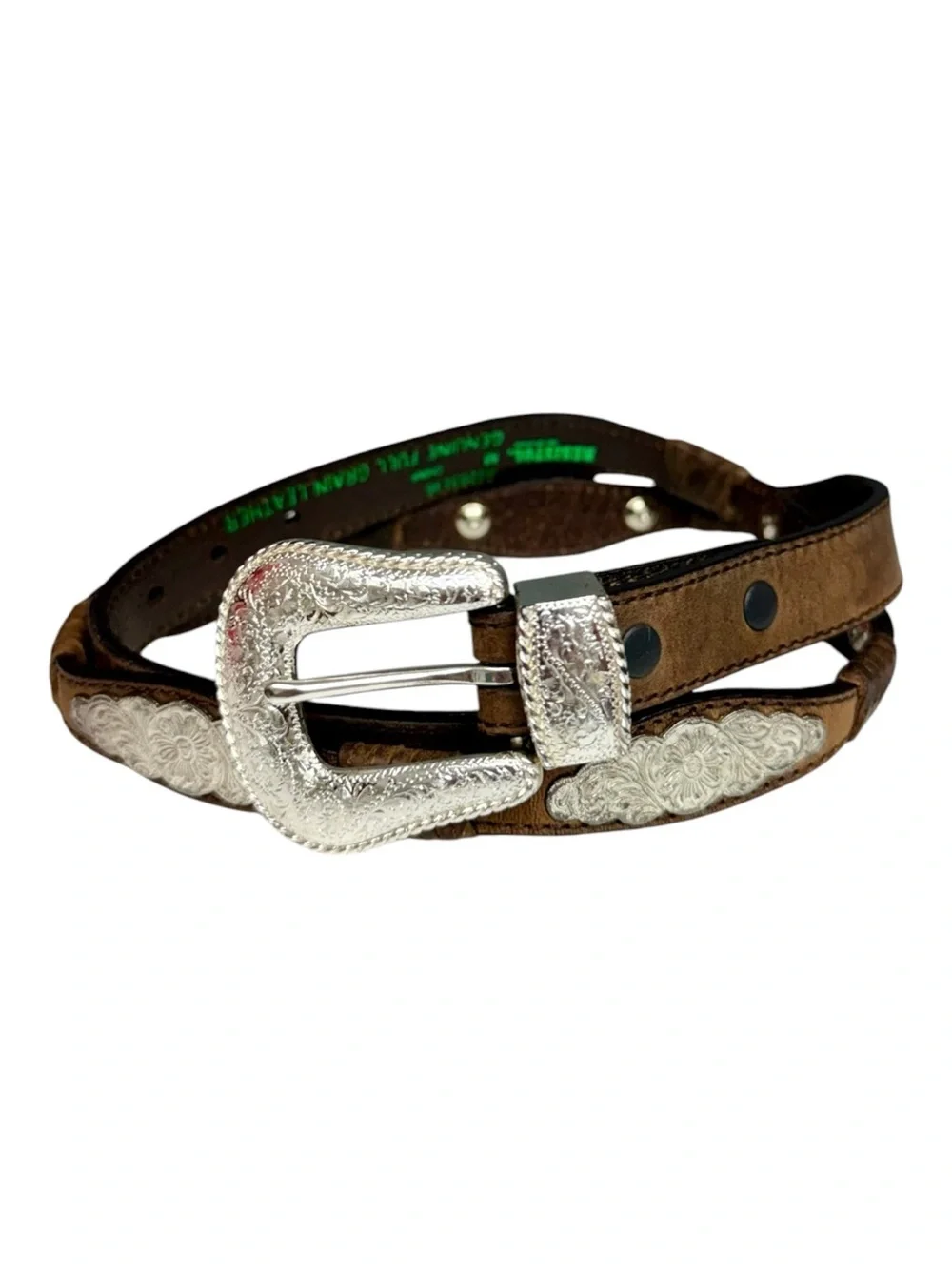 Resistol Brown Leather Western Concho Belt Engraved Silver Buckle Medium